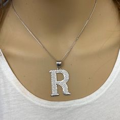 925 Sterling Silver Diamond Cut Initial Large Letter R Pendant Necklace Metal: 925 Sterling Silver Pendant: Large Height: 1.8" (45.7 Mm) Width: 1.1" (28 Mm) Rolo Chain In 16", 18", 20", 22" Brand New With Box Available In Any Letter From A-Z Pendant Can Be Available In Small Or Medium Size In Different Listings, Available In 10k, 14k, Or Sterling Silver Made To Order. Might Take 3-5 Days To Be Shipped. Letter J Pendant Necklace Is For Size Demo. Available In Another Listing. Silver Pendant Initial Necklace In Fine Jewelry, Silver Sterling Silver Initial Necklace, Silver Initial Pendant Necklace Fine Jewelry, Silver Fine Jewelry Necklace With Initial Pendant, Hallmarked Silver Initial Pendant Necklace, Silver Hallmarked Initial Pendant Necklace, Sterling Silver Initial Pendant Necklace, Hallmarked, Sterling Silver Pendant Initial Necklace, Silver Initial Pendant Fine Jewelry Necklace