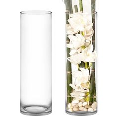 two tall vases with flowers and rocks in them next to each other on a white background