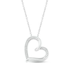 Show your love with this chic and sentimental necklace, featuring a swirling heart that hangs at a tilt and is accented by dainty round diamonds. Crafted in sterling silver, the pendant sways from an 18-inch cable chain that secures with a lobster clasp. Sterling Silver Diamond Pendant Necklace, Mother's Day Sterling Silver Pendant Diamond Necklace, Valentine's Day Necklace With Diamond Accents In Round Pendant, Silver Necklace With Diamond Accents For Anniversary, Silver Necklaces With Diamond Accents For Anniversary, Valentine's Day Round Pendant Necklace With Diamond Accents, Silver Sterling Diamond Necklace For Anniversary, Silver Diamond Necklace With Diamond Accents For Mother's Day, Valentine's Day Sterling Silver Diamond Pendant Necklace