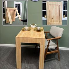 a wooden table with two chairs and a tea pot on it, in front of a window