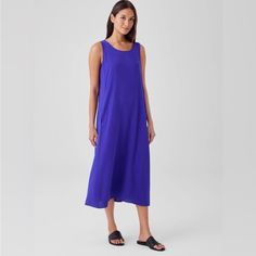 New With Tag Color: Blue Violet Simple And Elegant. An Effortless Scoop Neck Dress Teaturing Pockets And Princess Seams. In Our Signature Silk Georgette Crepe, Perfect Day Or Night. Style No. F3gc1-D5130 Close At The Shoulders, Wider At The Hem. A Silhouette That Fits The Body With Ease Scoop Neck, Sleeveless. Princess Seams With On-Seam Pockets Light, Fluid And Versatile. Silk With A Subtly Textured Matte Surface That We've Counted On Since 1999. Machine Wash Cold. Made In China. 100% Silk Blue Sleeveless Slip Dress For Beach, Blue Midi Length Slip Dress For Summer, Blue Midi Slip Dress For Summer, Blue Viscose Maxi Dress For Summer, Chic Blue Viscose Midi Dress, Blue Knee-length Slip Dress For Spring, Blue Summer Slip Dress For Daywear, Blue Slip Dress For Summer Daywear, Casual Blue Maxi Dress In Viscose