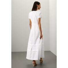 White (100% Cotton). Casual dress. V-neck. Short sleeves. Back zipper closure. 49.5" from shoulder to hemline. Made in the USA. Fitted Maxi Length V-neck Dress For Daywear, Fitted White V-neck Dress With Ruffles, White Fitted V-neck Dress With Ruffles, Fitted A-line V-neck Dress With Ruffles, Cotton Casual Dress, White Midi, Rent The Runway, Closet Designs, White Midi Dress