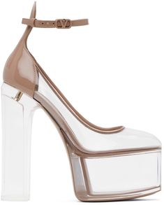 Transparent PVC heels in pink. Patent leather trim throughout. · Pin-buckle ankle strap · Logo stamp at padded footbed · Transparent polymer block heel with rubber injection · Transparent polymer platform midsole · Leather sole · Heel: H6 in · Platform: H2.25 in Supplier color: Transparent/Rose Modern High Heels With Rubber Heel Cap, Luxury Ankle Strap Platform Heels, Luxury Platform Heels With Ankle Strap, Patent Leather Block Heels With Rubber Heel Cap, Designer Patent Leather Platform Heels, Designer Closed Toe Heels With Rubber Heel Cap, Designer Block Heels With Contrasting Heel Counter, Pvc Heels, Transparent Shoes