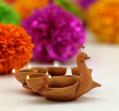 candles are lit in the shape of a boat with an animal on it and colorful flowers behind them