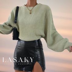 Lasaky - Round Neck Rib Knit Pullover Sweater with Bishop Sleeves - Sage Chic Acrylic Crew Neck Sweater, Puff Sleeve Sweater, Round Neck Sweaters, Leather Mini Skirts, Knit Pullover, Knitted Pullover Sweaters, Winter Looks, Knitted Pullover, Pullover Sweater