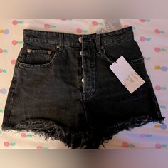 Black Shorts Size - 4 Casual Black Bottoms With Button Closure, Casual Black Cutoff Jeans, Black High Waist Summer Jeans, High Waist Black Summer Jeans, Black High Waist Jeans For Summer, High Waist Black Jeans For Summer, Black Zara Jeans With Pockets, Zara Black Jeans With Pockets, High Rise Black Jean Shorts With Button Closure