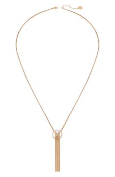 An imitation pearl lends an air of elegance to this dainty chain necklace that's gleaming in warm goldtone plating. 32" length Lobster clasp closure Goldtone plate/glass Imported Elegant Metal Tassel Necklace, Dainty Chain Necklace, Dainty Chain, Pearl Chain, Vince Camuto, Womens Jewelry Necklace, Lobster Clasp, Jewelry Necklace Pendant, Chain Necklace