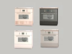 four different types of ovens in various shapes and sizes on a gray background with white trim