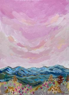 an abstract painting of mountains and clouds in pink, blue, yellow and green colors