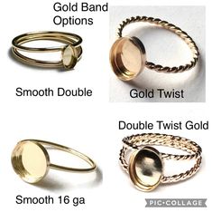 four different types of rings with names and pictures on the front, side, and back