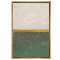 an abstract painting with green, yellow and white colors on the wall above it is a wooden frame