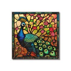 a stained glass window with a peacock on it