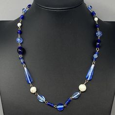 VINTAGE Czeck Blue Glass Bead Necklace Pressed Molded White Round Tube 21" Blue Single Strand Long Beaded Necklace, Blue Long Single Strand Beaded Necklace, Vintage Blue Glass Beads, Vintage Blue Glass Necklace, Vintage Blue Glass Jewelry, Blue Beaded Necklace For Costume Jewelry, Long Blue Necklace With Polished Beads, Blue Costume Jewelry Necklace With Large Beads, Vintage Blue Polished Beads Jewelry