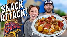 a man and woman holding up a plate of food with the caption snack attack