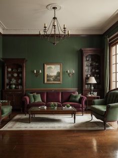 a living room with green walls and furniture