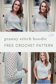 4 images of a woman standing in front of a door is wearing a pale green crocheted hoodie and jeans Crochet Hoodie Pattern, Granny Stitch Crochet, Chunky Yarn Patterns, Fair Isle Crochet, Holiday Crochet Patterns, Granny Stitch, Diy Crochet Patterns, Stitch Hoodie, Advanced Crochet