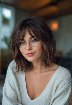 Edgy Layered Bob With Bangs, Above Shoulder Bob With Bangs, Bangs And Long Bob, Long Hair Short Bangs Hairstyle, Short Hair With Wispy Bangs And Layers, Short Hair And Glasses Women, Short Hair With Bangs And Glasses, Hairstyles With Bangs And Glasses, Lob With Bangs Round Face