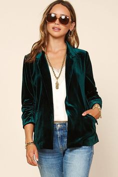 Velvet Blazer With Bunched Sleeves & Button Detail color - hunter green Model wears size Small. Model is: Height: 5'8 1/2 Bust: 32" Waist: 24" HIP: 34 | Plus Size Available Fabric - 90% Polyester, 10% spandex Knit Denim, Green Blazer, Velvet Blazer, Hunter Green, Button Detail, Windbreaker Jacket, Denim Jacket, Bomber Jacket, Velvet