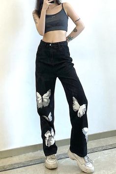 High Waist Butterfly Pattern Black Jeans Pants – Nada Outfit Land Black Full-length Cargo Pants For Summer, Black Full-length Cargo Pants For Spring, Black Full Length Cargo Pants For Spring, Non-stretch Black Cotton Pants, Fitted Black Cargo Pants For Summer, Black Non-stretch Wide Leg Cargo Pants, Black Wide Leg Cargo Pants For Summer, Black High Waist Non-stretch Cargo Pants, Trendy Non-stretch Black Cargo Pants