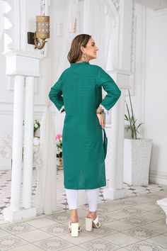 ➤ Fabric = Shirt - Fine Cotton Lawn Chikankari ➤ Color = Shirt - Forest Green ➤ Length = Medium Size Shirt Length 40 inches (High-Low Design). ➤ ➤ Experience the Comfort and Style of IshDeena Indian Chikankari Kurtis Our IshDeena Indian Chikankari Kurtis are the perfect solution for women looking for comfortable and stylish traditional wear. Made from 100% pure cotton lawn, these Kurtis ensure the highest quality and durability. The soft and breathable material provides a comfortable experience, making it suitable for any season and perfect for festival, casual, office, and travel occasions. Designed with Elegance and Authenticity The Kurtis feature beautiful Chikankari embroidery, adding a touch of elegance and authenticity to your wardrobe. The design is versatile and can be worn for bot Green Long Sleeve Churidar With Dabka Details, Green Long-sleeve Churidar With Dabka Detailing, Green Long Sleeve Churidar For Eid, Green Kurta With Dabka And Long Sleeves, Green Long Sleeve Kurta With Dabka, Green Long Sleeve Lawn Suit With Pallu, Green Straight Kurta Tunic For Eid, Traditional Long Sleeve Tunic With Dupatta, Green Tunic Kurta For Eid