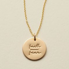 Faith over Fear Disc Necklace | Made by Mary Words Of Courage, Stamp Jewelry, Faith > Fear, Made By Mary, Spirit Of Fear, Faith Necklace, Necklace Quotes, Dainty Choker, Diamond Solitaire Necklace