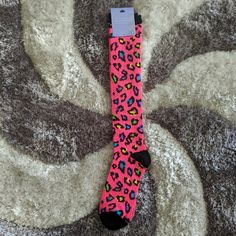 Neon Pink Leopard Print Tall Socks. Sizes 9 To 11. Mostly Acrylic. Pink Stretch Casual Socks, Casual Pink Knee-high Socks, Trendy Pink Stretch Socks, Trendy Stretch Pink Socks, Pink Stretch Knee-high Socks, Comfortable Stretch Pink Knee-high Socks, Casual Multicolor Stretch Knee-high Socks, Pink Casual Knee-high Socks, Pink Fitted Knee-high Casual Socks