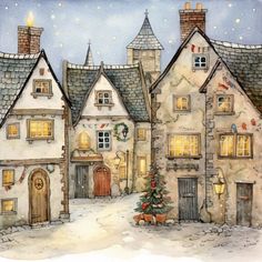 a watercolor painting of houses with christmas decorations