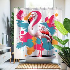 a flamingo shower curtain in a bathroom with potted plants and a rug on the floor