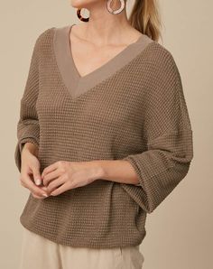 waffle textured v-neck top - mocha Soft Knit V-neck Top, Brown Textured Knit V-neck Top, Oversized Textured Knit Brown Tops, Oversized Brown Textured Knit Top, Neutral V-neck Tops For Fall, Cozy Brown Knit V-neck Sweater, Soft Texture V-neck Tops For Fall, Brown Textured Knit V-neck Sweater, Fall V-neck Top With Soft Texture