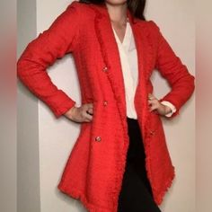 A Nwot Carolina Belle Montreal Tweed Blazer. Beautiful Red Tweed Coat Gold Embellished Buttons Outer Material 100% Cotton. Absolutely Stunning. It Is Truly Hard To Capture In A Photo What A Statement Piece This Is. This Has Never Been Worn. This Was Given To Me As A Gift And It Unfortunately Has Never Fit Me. This Will Be A Beautiful Addition To Someone’s Closet, I Truly Wish I Could Use It Myself. Orange Outerwear For Office In Fall, Chic Orange Fall Blazer, Chic Orange Blazer For Fall, Red Long Sleeve Tweed Outerwear, Red Tweed Outerwear With Long Sleeves, Red Tweed Long Sleeve Outerwear, Casual Orange Blazer For Winter, Embellished Buttons, Orange Blazer