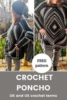 the crochet poncho pattern is shown in three different views