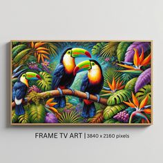 a painting of two toucans sitting on a branch in front of tropical plants