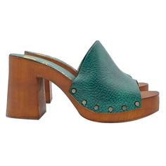 Brown Clogs, Swedish Clogs, Clog Heels, Wide Bands, Brown Wood, Green Leather, Leather Band, Black Sandals, Leather Heels