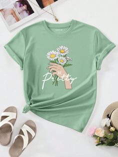 Mint Green Casual Collar Short Sleeve Knitted Fabric Floral,Letter  Embellished Slight Stretch Summer Women Clothing Black And Gold Lehenga, Women Tshirt Design, Positive Tees, Screen Printed Tshirts, Creative T Shirt Design, T Shirt Painting, Pretty Shirts, Cute Pajamas