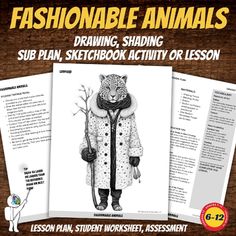 the book cover for fashionable animals drawing, shading and sketching activity or lesson