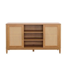 the sideboard is made out of wood and has wicker panels on one side