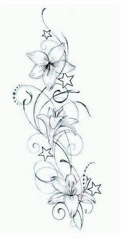 a drawing of flowers with swirls and stars on the bottom half of their arm