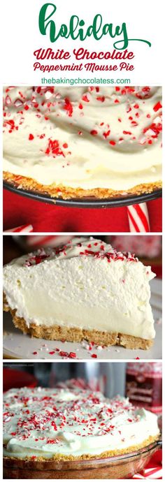 white chocolate peppermint mousse pie with text overlay