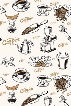 an image of coffee related items on a white background with black and brown lettering that says coffee