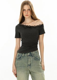 The Off-Shoulder Lace Trim Short Sleeve Crop Top is a captivating blend of edgy allure and effortless charm, making it a stand-out piece for any wardrobe. Crafted from a high-quality cotton blend, this top ensures both comfort and style with a hint of stretch for a perfect fit. Featuring an inviting off-shoulder neckline trimmed with delicate lace, this crop top exudes a sweet yet spicy attitude that's ideal for those who love to make a statement. Its slim-fit design and short sleeves complement Lace Trim Shorts, Short Sleeve Crop Top, Off Shoulder Crop Top, Charm Making, Short Sleeve Cropped Top, Shoulder Crop Top, Black Crop Tops, High Waist Jeans, Pullover Styling