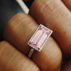 Art Deco Pink Sapphire Ring East West Halo Cocktail Ring - Etsy Emerald Cut Gia Certified Halo Ring As Gift, Gia Certified Emerald Cut Halo Ring As Gift, Gia Certified Sterling Silver Ring, Wedding Rings With Radiant Cut Gemstone, Pink Halo Design Jewelry For Anniversary, Pink 14k White Gold Wedding Rings, Anniversary Ring With Rectangular Halo Setting, Sterling Silver Baguette Cut Wedding Rings, Gia Certified Ring Jewelry Gift