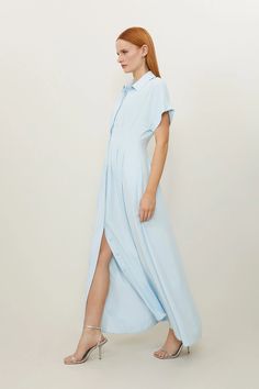 Soft Tailored Belted Darted Midi Shirt Dress | Karen Millen Outfits For Mexico, Casual Work Dresses, Spring Wedding Guest Dress, Petite Business Casual, Soft Tailoring, Fall Wedding Guest Dress, Bachelorette Outfits, Bandeau Dress, Graduation Outfit