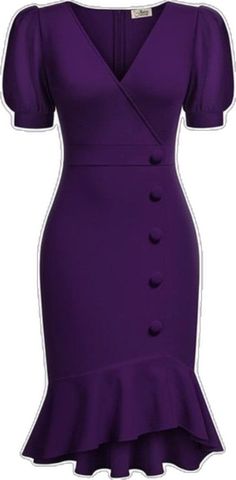 Dressy Fitted V-neck Bodycon Dress, Fitted Purple V-neck Dress For Party, Fitted V-neck Dress With Buttons For Spring, Elegant Purple Stretch Bodycon Dress, Elegant Purple Bodycon Cocktail Dress, Purple Fitted Midi Dress, Purple Fitted Midi Length Dress, Fitted Purple Midi Dress, Fitted Purple Midi Dress For Evening