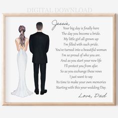 a wedding card with an illustration of a bride and groom looking at each other from the back