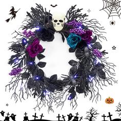 a wreath decorated with purple and blue roses, black leaves and skulls is on a white background