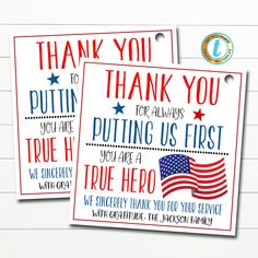 "American Flag Military Hero Thank You for Your Service Appreciation Gift Tags! These awesome American thank you gift tags are great to use for the service heroes in your community! Simply edit, print, hole punch and tie around any type of gift show your sincere appreciation and gratitude! TEMPLATE FORMATTED SIZES: 3.5\" X 3.5\" (Tag) *print multiple tags (6 per sheet) by going to download - pdf - click on 'save paper' IMPORTANT: This is a DIY self-editing digital, printable product - I do not e Gratitude Template, Social Worker Office Decor, Crayon Gifts, Military Soldier, Military Appreciation, Appreciation Cards, Military Soldiers, Types Of Gifts, Tag Print