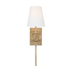 a wall light with a white shade on it's side and a gold finish