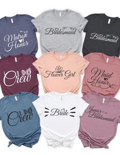 six bridesmaid shirts in different colors