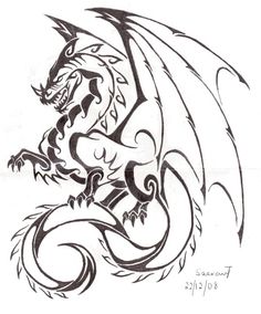 a black and white drawing of a dragon