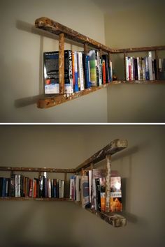 there are two shelves with books on them and one is made out of wooden planks